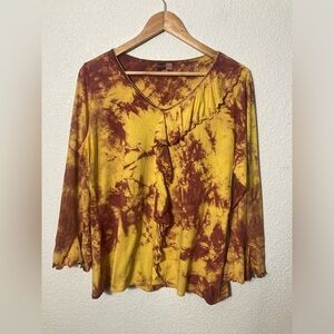 Bambooco tie dye blouse top bohemian eclectic artsy ruffled beaded XL flared